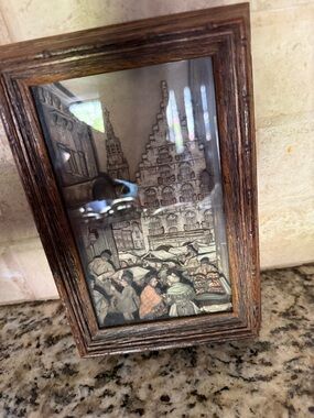 Vintage-Style Market Scene Framed Print in Brown Wood Frame